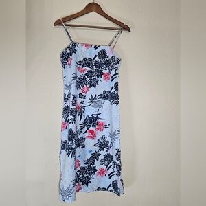 Roxy Linen Blend Dress Womens Medium Blue Pink Floral Hawaiian Vacation Tropical